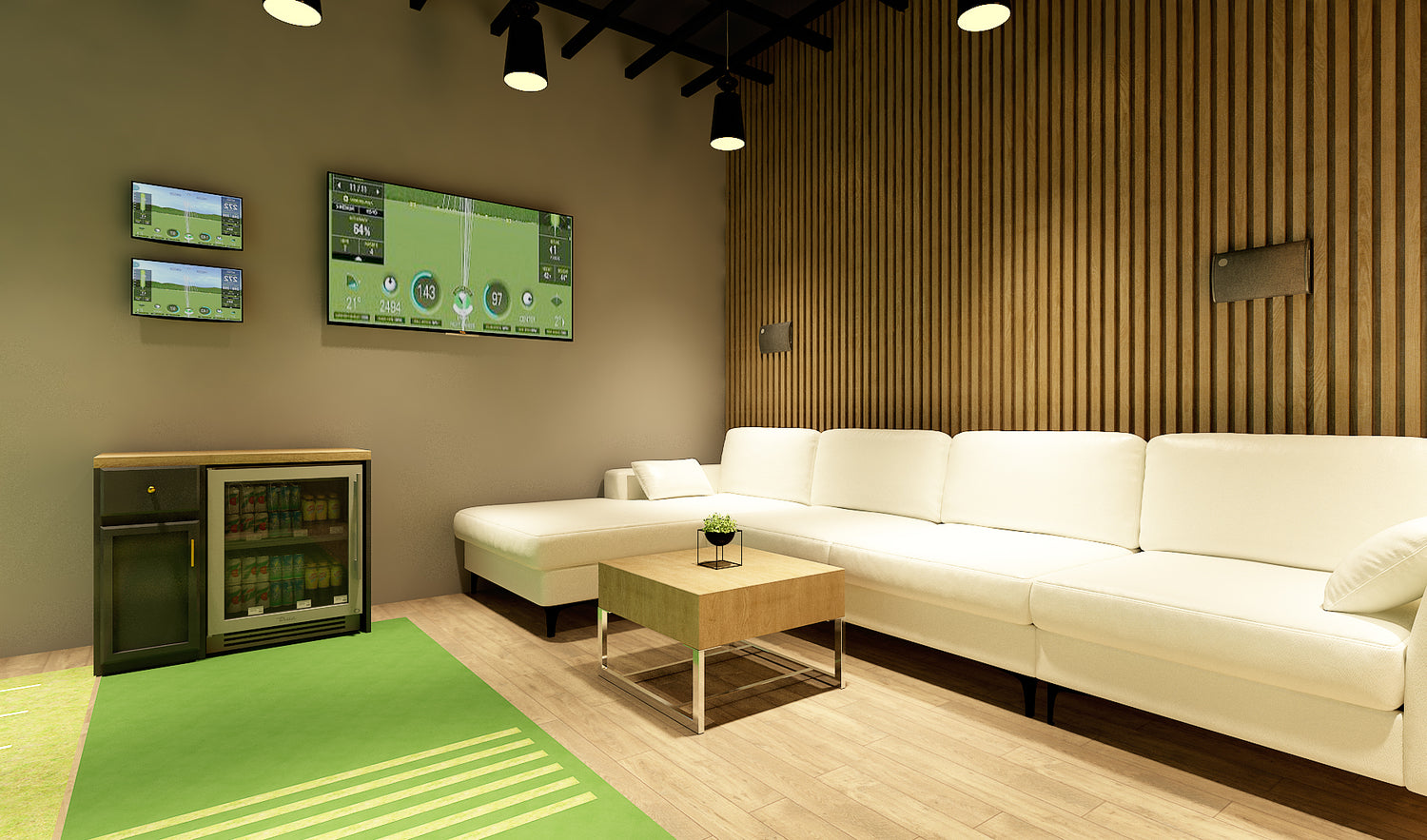 Premium amenities inside an Another Nine private golf simulator bay